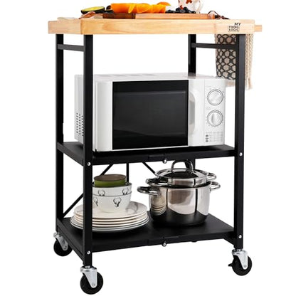 Mythinglogic Foldable Kitchen Storage Cart, 3-Tier Rolling Cart with Solid Oak Top, Heavy-Duty Metal Utility Rack for Microwave, Pots, Dish Set, Meal Prep Area, Kitchen Island on Lockable Wheels - size: 25.39"D x 19.6"W x 35.82"H