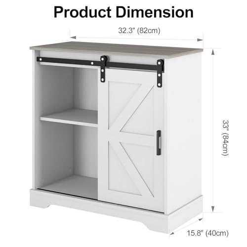 Panana Sliding Barn Door Buffet Sideboard Storage Cabinet Coffee Bar Kitchen Farmhouse Style (White Cabinet Nature Top) - color: White Cabinet Nature Top