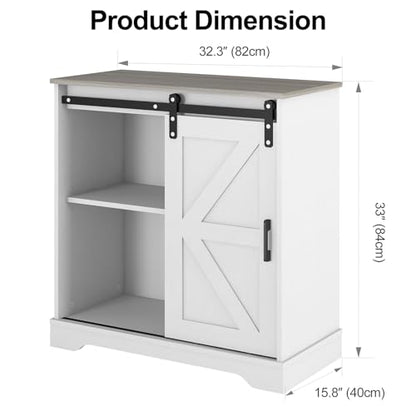 Panana Sliding Barn Door Buffet Sideboard Storage Cabinet Coffee Bar Kitchen Farmhouse Style (White Cabinet Nature Top) - color: White Cabinet Nature Top