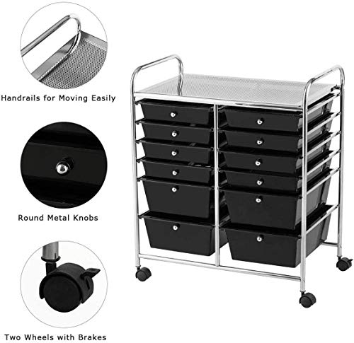 Moccha 12-Drawer Rolling Storage Cart - Utility Cart on Wheels with Lockable Casters for Craft Art Supply Paper Salon, Mobile Drawer Carts for Classroom Teacher School Office - color: Black, style: 12 Drawers
