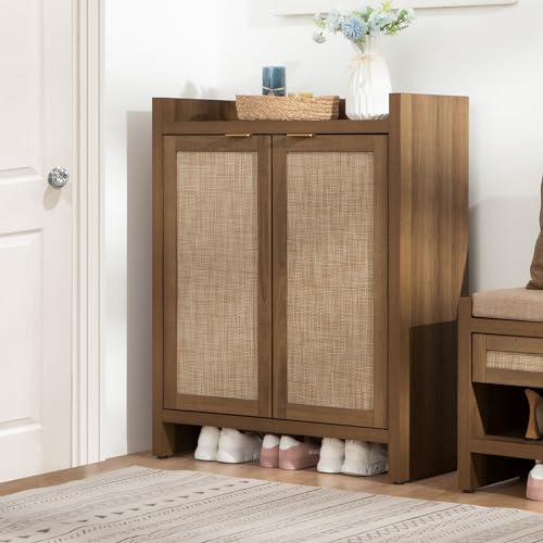 SICOTAS Shoe Cabinet, 24 Pair Shoe Storage Organizer Cabinet, 41" Tall Rattan Shoe Cabinet with Doors and Shelves, 6-Tier Farmhouse Boho Wooden Storage Cabinet for Entryway Hallway Closet - color: Reclaimed Caramel Oak, size: 1 Piece