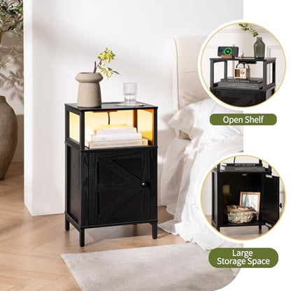 Yoobure Farmhouse NightStand with Charging Station，Wood Night Stand End with USB Ports, LED Bed Side Table with Storage Cabinet，Bedside Table for Bedroom, Living Room Black - color: Black