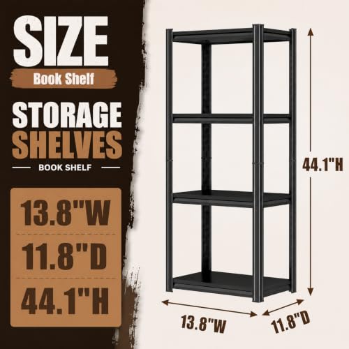 4 Tier Metal Bookshelf, Adjustable Tall Bookcase, Heavy Duty 2400 LBS Modern Deep Book Shelf, Bolt-Free Storage Shelves for Living Room, Home Office, Garage, 13.8" Wx 11.8" Dx 44.1" H - size: 4Tier-13.8"Wx 11.8"Dx 44.1"H