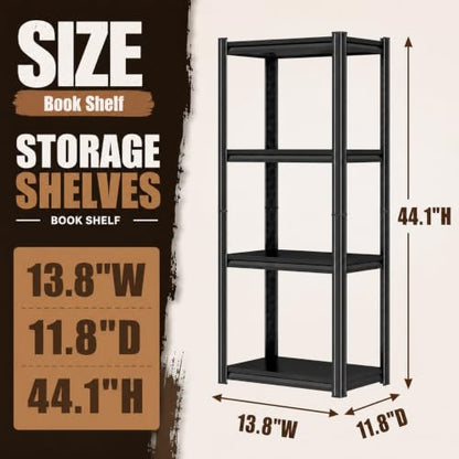 4 Tier Metal Bookshelf, Adjustable Tall Bookcase, Heavy Duty 2400 LBS Modern Deep Book Shelf, Bolt-Free Storage Shelves for Living Room, Home Office, Garage, 13.8" Wx 11.8" Dx 44.1" H - size: 4Tier-13.8"Wx 11.8"Dx 44.1"H