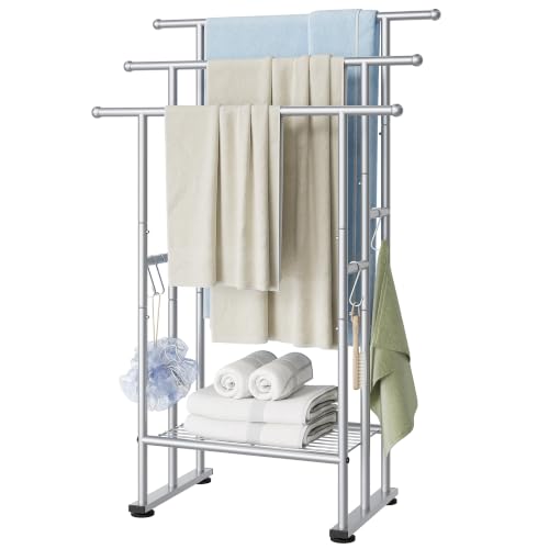 ELYKEN 3 Tier Standing Towel Rack, 40'' Tall Towel Drying Rack Outdoor, Freestanding Floor Towel Rack with Shelf, Pool Towel Blanket Stand, Metal Towel Racks for Bathroom freestanding, Smooth Silver - color: Silver