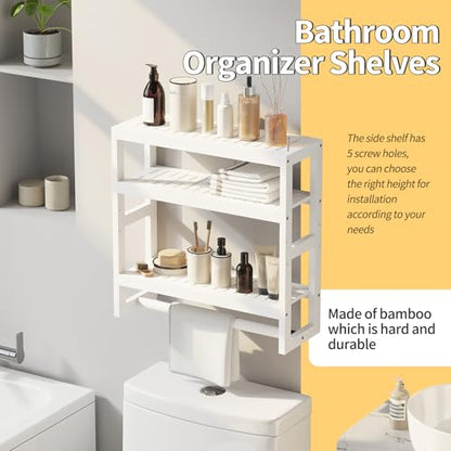 Bathroom Shelves with Hanging Bar Over Toilet Storage - Adjustable Wall Organizer (White) - color: White