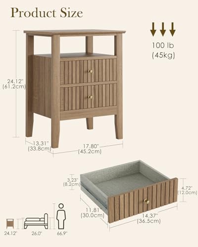 Fluted Nightstand, Farmhouse Night Stand with 2 Drawers, Mid Century Modern Side Accent Table,Bedside End Table for Bedroom, Living Room, Natural - color: Natural, size: 2 Drawers