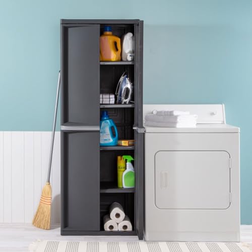 Sterilite 4 Shelf Cabinet, Lockable Utility Storage w/ Adjustable Shelves, Gray - Plastic Shelving Unit for Organizing Garage, Pantry, Basement, Laundry Room or Mudroom