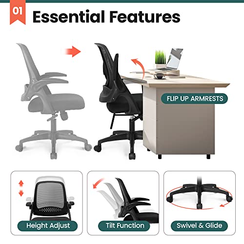 NEO CHAIR Office Desk Gaming Ergonomic Computer Chair with Lumbar Back Support Adjustable Height Swivel Rolling Wheels Flip-up Arms Mesh Chair for Home Vanity (Black) - color: Black