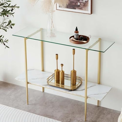 LumFurn Glass Console Table for Living Room, Foyer & Entrance, 2-Tiers Mid-Century Modern Sofa Table with Clear Glass Top, White Marble Finish Wood Shelf and Gold Finish Frame - color: Clear & White Marble, size: L41" Sofa Table