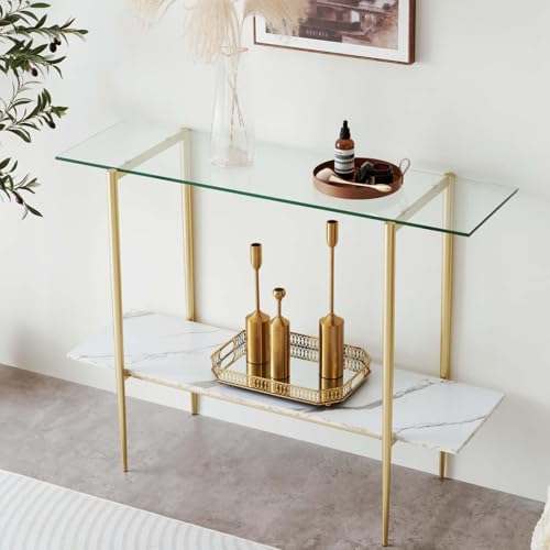 LumFurn Glass Console Table for Living Room, Foyer & Entrance, 2-Tiers Mid-Century Modern Sofa Table with Clear Glass Top, White Marble Finish Wood Shelf and Gold Finish Frame - color: Clear & White Marble, size: L41" Sofa Table