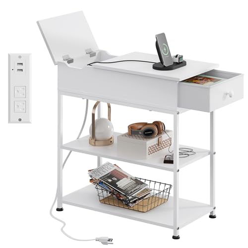 WLIVE 3-Tier Narrow Side Table with Charging Station, Couch Side Table for Living Room, Narrow End Table for Bedroom with Fabric Drawer, USB Ports and Power Outlets, Samll Nightstand Bedside Tables - color: White