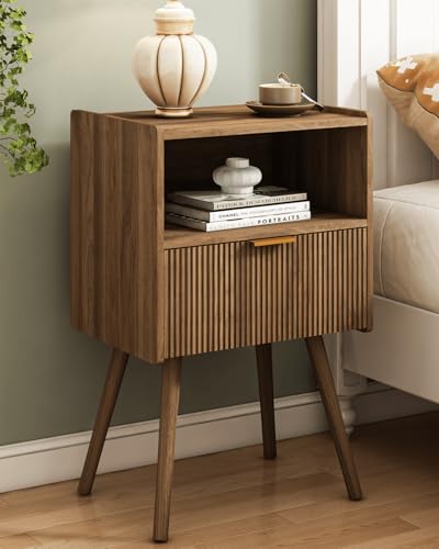 JOONEE Nightstand,Modern Bedside Table with Storage Drawer and Open Wood Shelf, for Living Room, Bedroom and Small Spaces, Accent Night Stand with Solid Wood Legs, Easy Assembly,Walnut Brown - color: Walnut Brown
