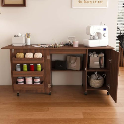 HRVEOCEI 4-in-1 Folding Sewing Table with Storage, Sewing Desk Foldable with Lockable Wheels & Power Socket, Sewings Machine Cabinet & Craft Desk with Shelves, Compact Design (Walnut, 57 Inch) - color: Walnut, size: 57 Inch