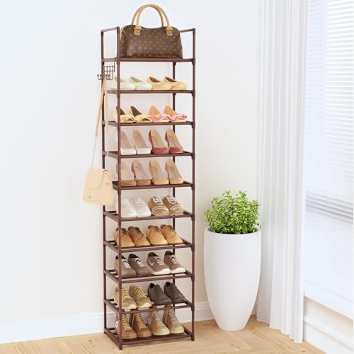 Tall 10 Tier Shoe Rack - 20-24 Pair Storage, Sturdy Metal Shoe Organizer with Hooks for Closet, Entryway, Brown - color: Brown