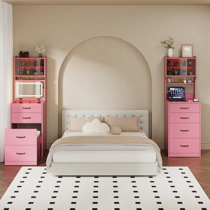 Garvee 3 in 1 Vanity Desk with 3 Color LED, Compact Makeup Vanity Set with 2 AC Outlets & USB, Dressing Table with Drawers & Acrylic Doors, Nightstand Vanity Mirror, Jewelry Box, Hidden Chair, Pink - color: Pink