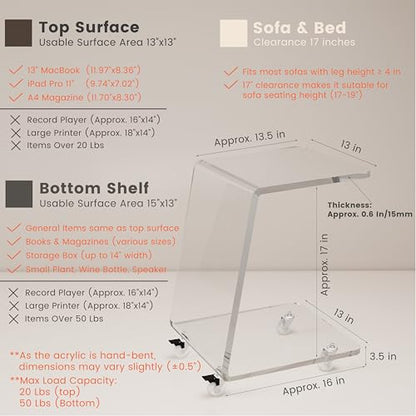 Modern Acrylic Side Tables Set of 2, 15mm Thick Clear Lucite End Tables with Wheels for Living Room & Bedroom, Luxury C-Shaped Rolling Sofa Tables, Heavy Duty Contemporary Furniture - color: 2-pack