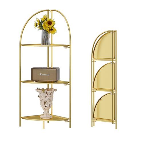 Crofy 3-Tier Foldable Corner Shelf, Metal Gold Frame & Shelves | Corner Plant Stand, Corner Display Rack, Multipurpose Shelving Unit for Living Room, Bedroom and Bathroom - color: Gold Frame & Gold Shelf, size: 3 Tier