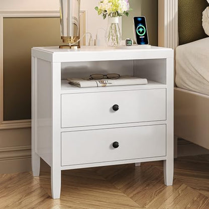 Huuger White Nightstand Set of 2, Night Stand with Charger Station, Bedside Table with 2 Drawers, Bed Side Tables for Bedroom, Modern Nightstands, Metal Knobs, Painted Surface - color: White