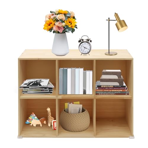 Wooden 6 Cube Shelf Bookcase, Floorstanding Bookshelf with Open Compartments & Back Panel 35.43x11.81x23.62 Inch, Solid Wood Cube Storage Organizer for Living Room, Bedroom, Home Office - size: 6 Cube