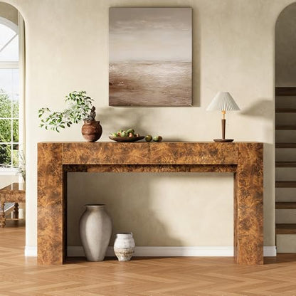 AMERLIFE 63" Burl Wood Console Table, Modern High Gloss Entryway Table with 2 Storage Drawers, Long Sofa Table Behind the Couch for Entrance, Hallway, Foyer, Living Room, Brown - color: Brown