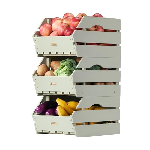 Wood Potato Onion Storage Bins - Wooden Stackable Produce Basket - Fruit Vegetable Storage for Kitchen Pantry Organization, Set 3 Pieces - color: Pebble Gray