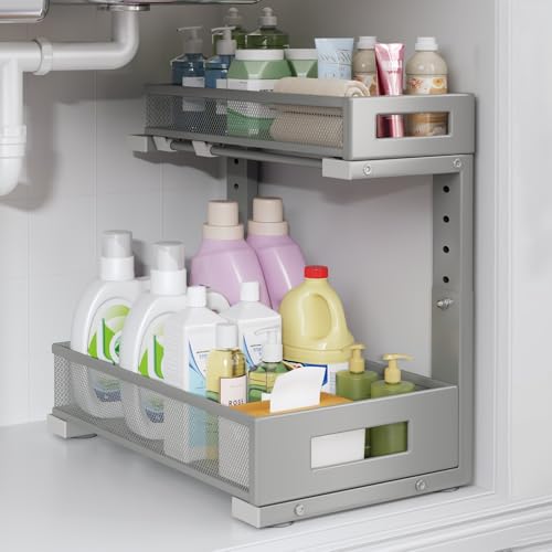 1 Pack-11.4"-16.14" H Under Sink Storage Organizer, Large 2-Tier Elegant Mesh Pull Out Shelf for Kitchen & Bathroom Cabinet Organization, L-Shaped, Adjustable Height-Gun Gray - color: Gun Gray, size: 1 Pack-15.74"Dx11.4"-16.14"H