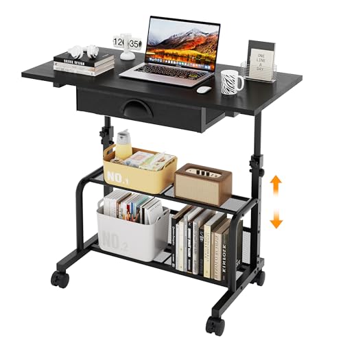 Adjustable Height Small Computer Desk with Drawers, Portable Rolling Desk for Seated Use, 32" Laptop Desk for Home Office Bedroom Living Room, Black