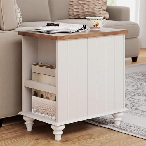 WAMPAT White End Table with Charging Station, Wood Side Table with 1 Drawer &1 Storage Cabinet, Mid Century Modern Nightstand with Power Outlets & USB Ports for Living Room, Bedroom - color: Off White