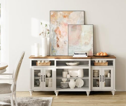 WAMAPT Buffet Cabinet with 4 Glass Doors, Large Coffee Bar Tables Wood Kitchen Storage Cabinets with 9 Storages, Modern Farmhouse Sideboard Credenza, Antique White, 70 inch - color: White