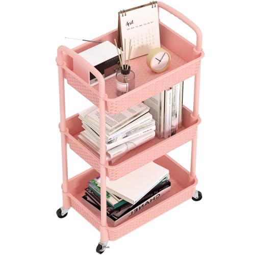 MOYIPIN 3-Tier Plastic Rolling Utility Cart with Handle,Utility Storage Cart for Office, Living Room, Kitchen,Movable Storage Organizer Shelves,Pink - color: Pink, size: 3-Tiers without cups
