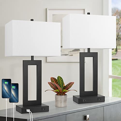 Set of 2 Modern Touch Control Table Lamps with 2 USB Ports, 22’’ Large Bedside Nightstand Lamps 3-Way Dimmable Desk Lamp With White Fabric Shade For Bedrooms Living Room Reading, 2 LED Bulbs Included | 3 Way Dimmable, White Fabric Shade, E26 Base, Desk La