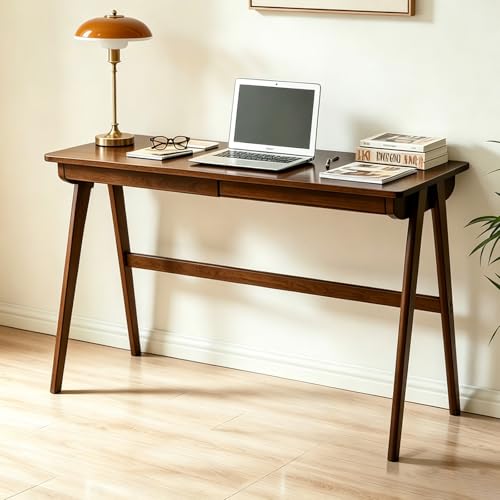 Solid Wood Desk with Drawers, Computer Desk for Home Office, Small Writing Desk for Bedroom & Small Spaces, Sturdy A-Frame, Easy Assembly (Walnut Color, 39inch)