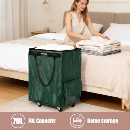 Reusable Grocery Bag Tote Bag with Wheels, Foldable Rolling Tote Bag with 3 Handles and Zipper - color: Green, size: Medium