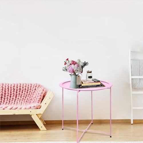 Garden 4 you End Table 2 PCS Metal Side Table Pink Round Folding Tray Cyan Sofa Small Accent Fold-able Table, Round End Table Tray, Next to Sofa Table, Snack Table for Living Room and Bed Room - color: Pink