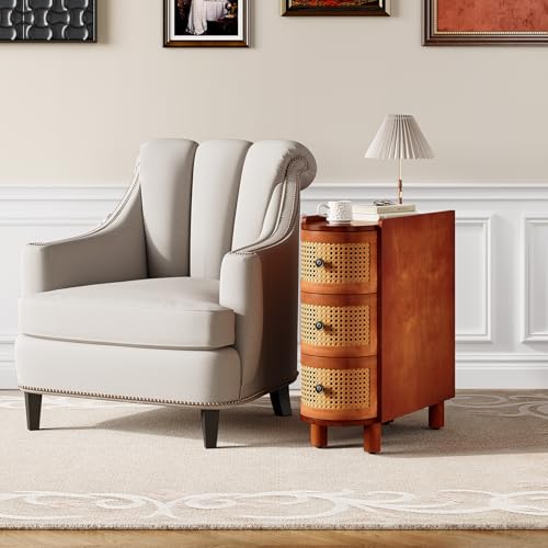 LITTLE TREE Solid Wood End Table, Rattan Narrow Side Table with 3 Drawers | Nightstand Bedside Tables for Living Room, Bedroom, Office, Bathroom, Brown - color: Brown
