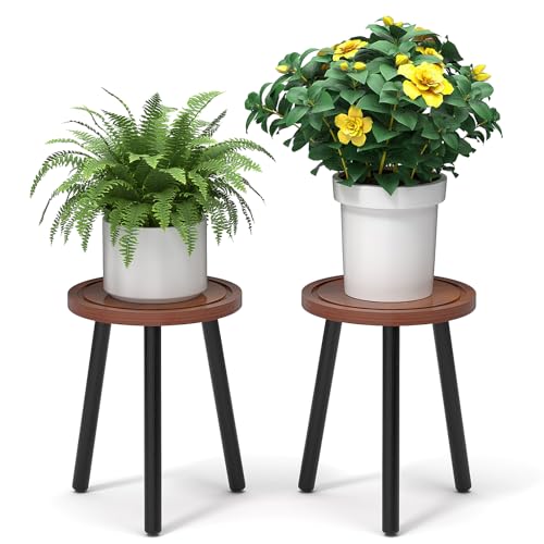 2-Pack Wood Plant Stands Indoor, 16.7" Tall Plant Stand Outdoor Mid-Century Plant Stool, Single Plant Table Modern Small Round Side/End Table for Living Room, Balcony, Office(Brown) - color: Brown Tray with Black Legs-2Pack