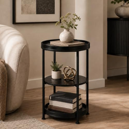 Dulcii Side Table, Round End Table with 3 Shelves for Living Room, Bedroom, Nightstand with Steel Frame for Small Spaces, Industrial Round Sofa Table, Outdoor Accent Coffee Table, Black - color: Black, style: Classic