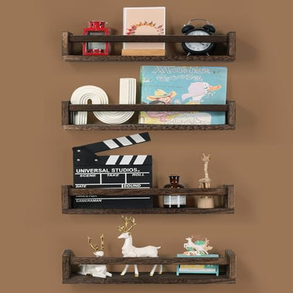 Nursery Room Shelves Set of 4, Wood Floating Book Shelves for Kids Room, Baby Book Shelf for Nursery, Kitchen Spice Rack (Carbonized Brown) - color: Carbonized Brown