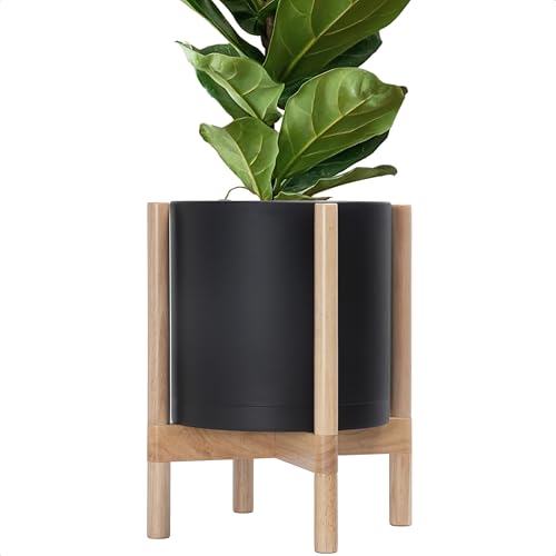 D'vine Dev Plastic Pot with Natural Wood Stand, Black, 12 in, 55-C-P-2 | Mid-Century Inspired Design, Elevated Plant Display, Clean Lines, Sturdy Support, Modern Space-Saving Style - color: Matte Black Pot + Natural Stand, size: 12 Inch