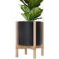 D'vine Dev Plastic Pot with Natural Wood Stand, Black, 12 in, 55-C-P-2 | Mid-Century Inspired Design, Elevated Plant Display, Clean Lines, Sturdy Support, Modern Space-Saving Style - color: Matte Black Pot + Natural Stand, size: 12 Inch