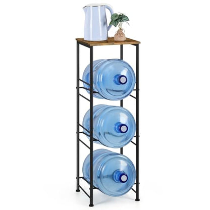OYEAL 5 Gallon Water Bottle Jug Holder 3-Tier Water Bottle Holder Organizer with Top Shelf, Heavy Duty Water Dispenser Stand Rack for Kitchen Living Room Office, Rustic Brown - style: Round Tube Brown