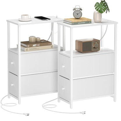 TUTOTAK Small Narrow End Table with Charging Station, Set of 2, Side Table with Outlets, Nightstand with 2 Cloth Drawers, Couch Table, for Living Room, Bedroom, Bedside, White TB01BW055 - color: White, style: 2 Drawers & Plug