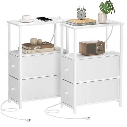 TUTOTAK Small Narrow End Table with Charging Station, Set of 2, Side Table with Outlets, Nightstand with 2 Cloth Drawers, Couch Table, for Living Room, Bedroom, Bedside, White TB01BW055 - color: White, style: 2 Drawers & Plug