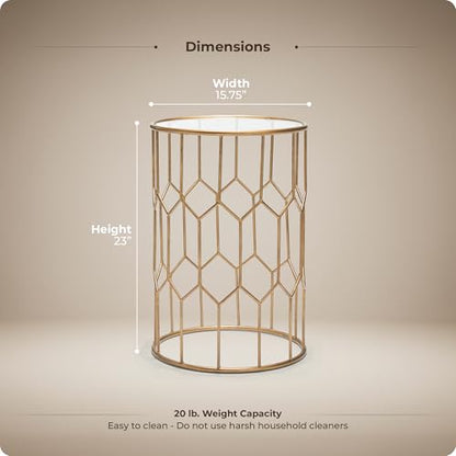 Harper Round Glass Accent Side Table, 16 Inch Modern End Table with Gold Metal Geometric Frame for Living Room, Bedroom or Small Spaces