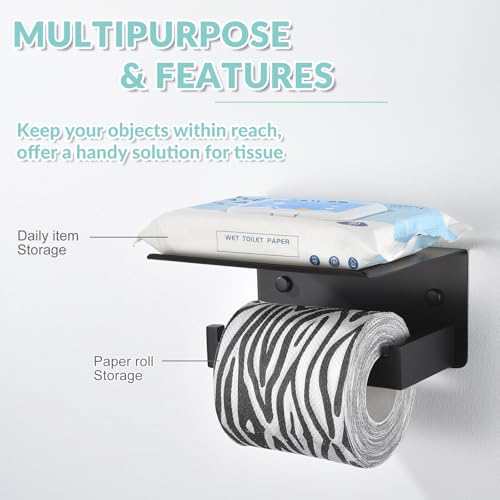 APLusee Matte Black Toilet Paper Holder with Shelf, Left Side 304 Stainless Steel Tissue Hanger, Wall Mounted - color: Matte Black
