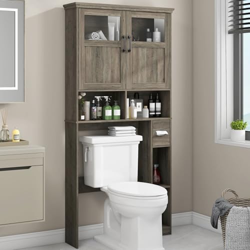 Vabches Over The Toilet Storage Cabinet with Doors & Paper Holder, Grey | Freestanding Toilet Shelf Space Saver with Anti-Tip Design & Adjustable Shelf or Restroom, Bathroom, Laundry - color: Grey, size: W33.03''