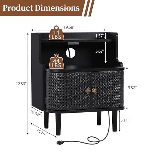 Storage End Table with 2 Door, Bed Side Table with Charging Station, Metal Rattan Nightstand for Bedroom, Desk Side Table for Living Room Couch Sofa, Office, Small Spaces - Black - size: Door Black-1pcs