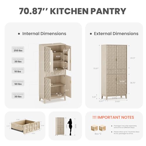 Pantry Cabinet, 71" Tall Pantry Cabinet,Modern Kitchen Cabinet with Doors, Drawers & Adjustable Shelves, Freestanding Food Pantry Cupboard with Side Rack for Kitchen Dining Room,Oak - color: Oak