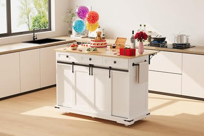 Garvee 54" Kitchen Island with Drop Leaf & Power Outlet | Large Rolling Cart with Trash Cabinet, 2 Sliding Barn Doors, 3 Drawers Mobile Island Table, Spice Rack & Towel Rack, White - color: White & Oak